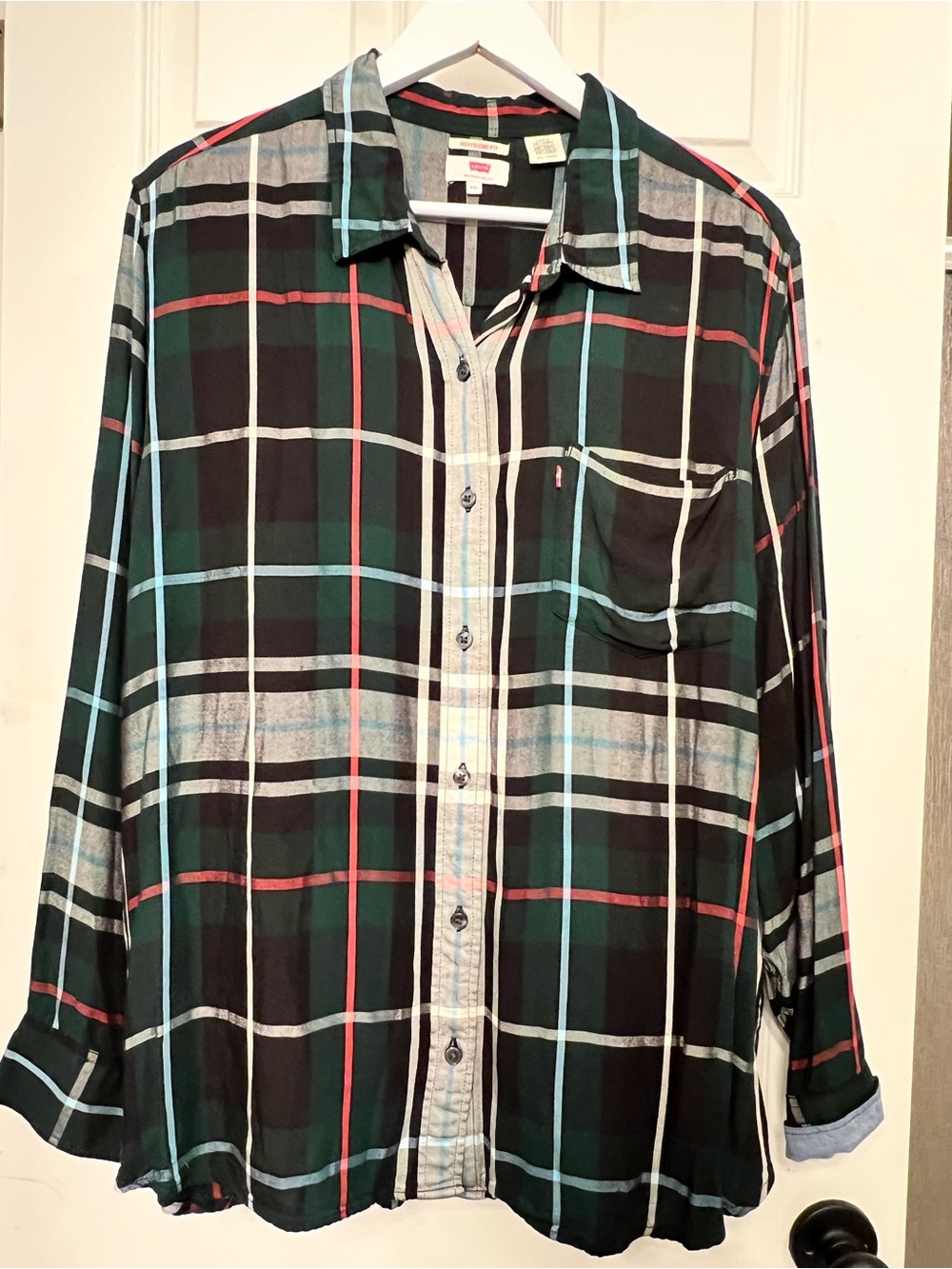 Levi's Women's Black Plaid Button-Down Shirt with Green & Red Stripes